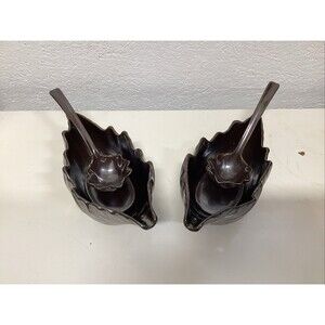 pottery barn metallic leaf bowl w/ladle dish large ceramic set of 2